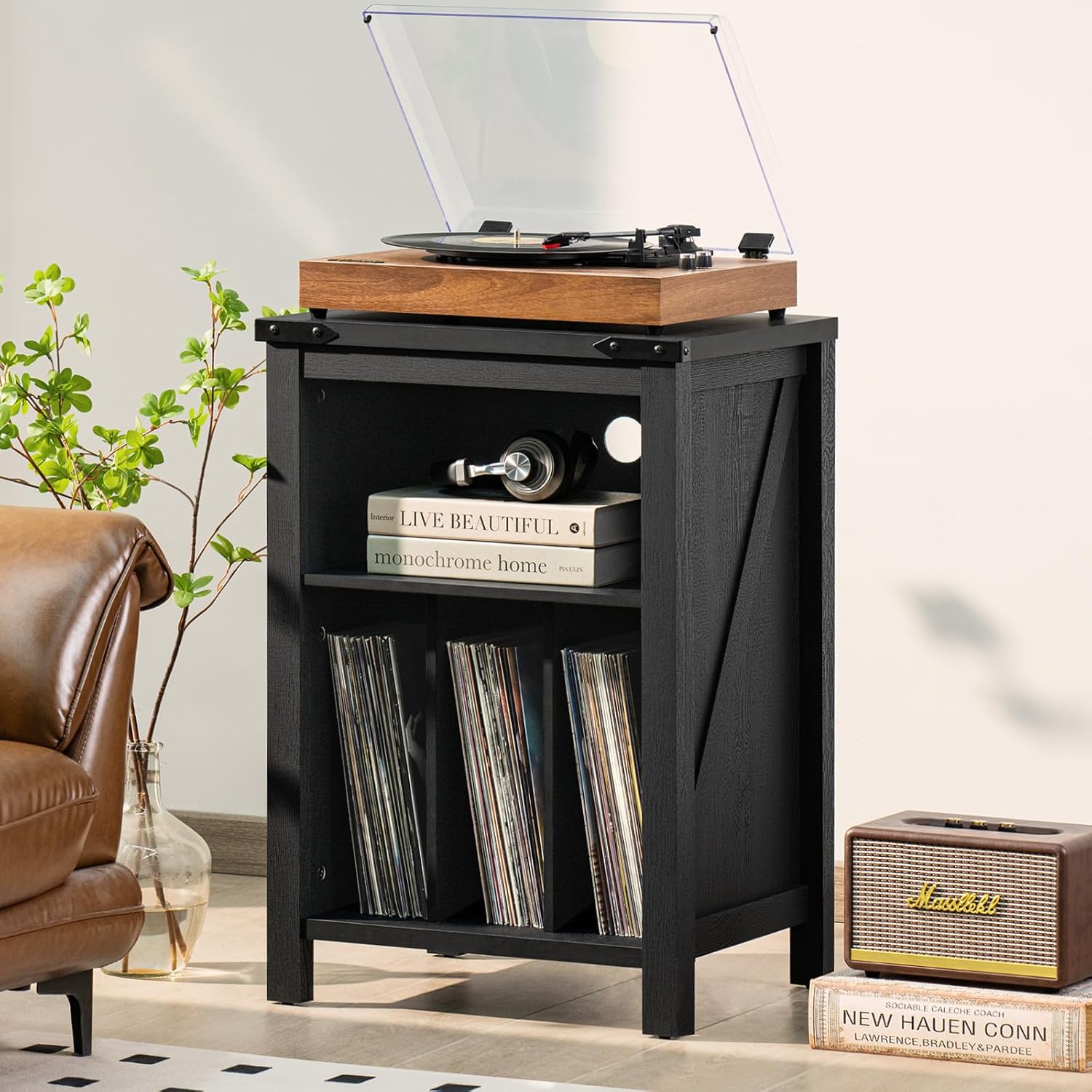 Black record player stand with open lid, showing turntable bay and vinyl shelf