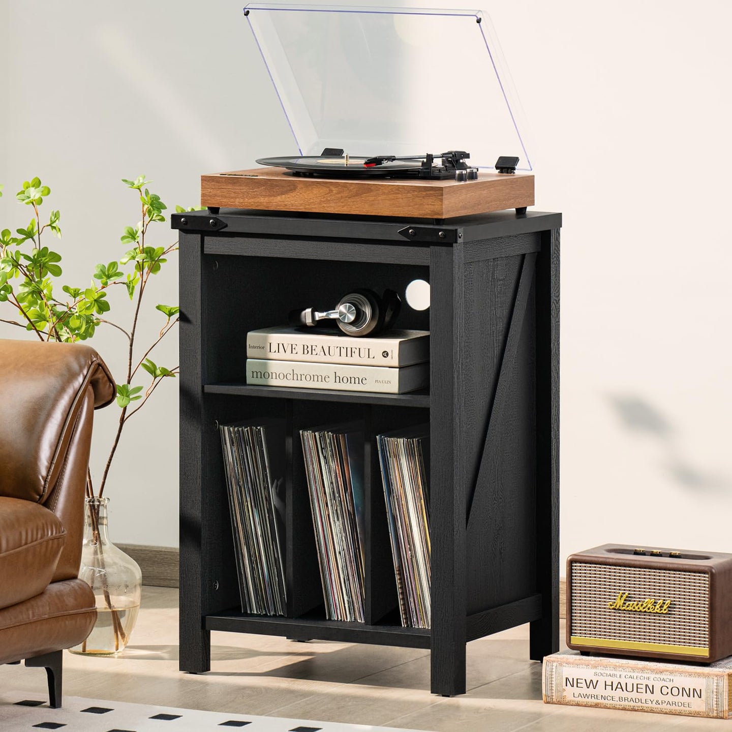 Record player stand with black cabinet and wood turntable top; vinyl storage shelf