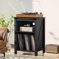 Record player stand with black cabinet and wood turntable top; vinyl storage shelf