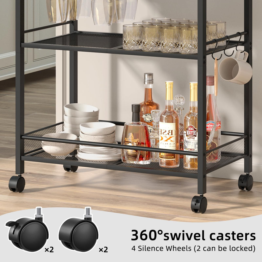 Black bar cart with bottles, cups, and glassware on three tiers with casters