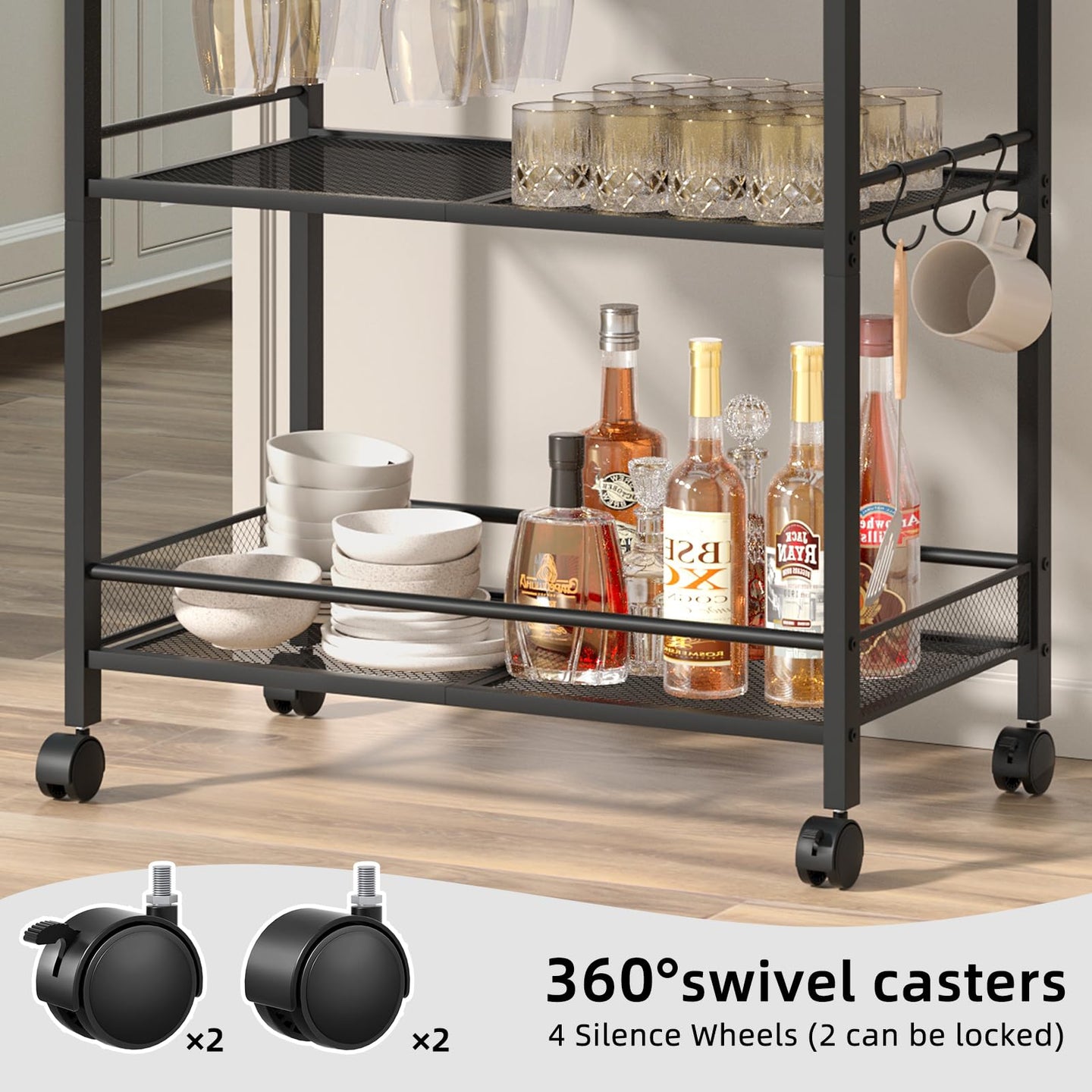Black bar cart with bottles, cups, and glassware on three tiers with casters
