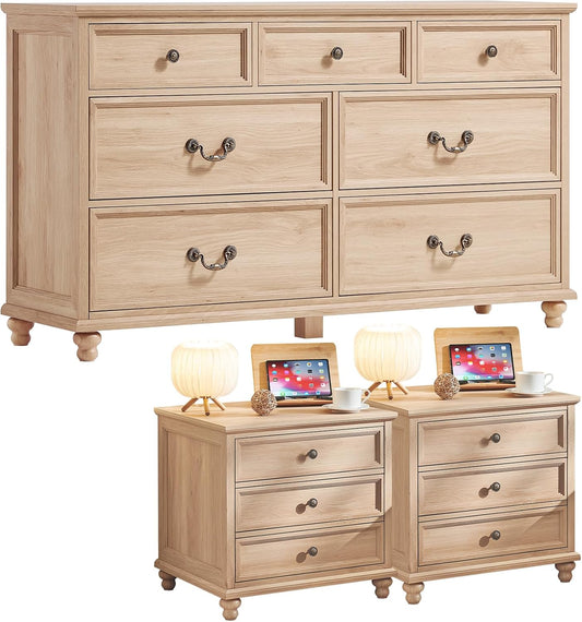 Joaxswe Farmhouse Dresser and Nightstand Sets 3 Piece, Nightstands Set of 2 and 7 Drawers Dresser for Bedroom, 54" Wide and 24" Inch Night Stand Set for Bedroom, Living Room, Hallway