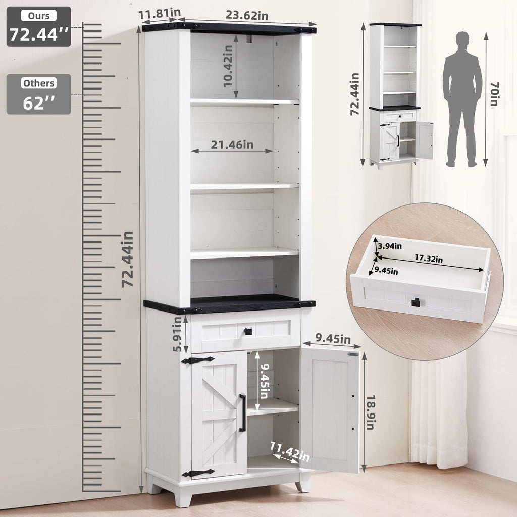 White bookcase cabinet with open shelves, hidden drawer space, and side door panels