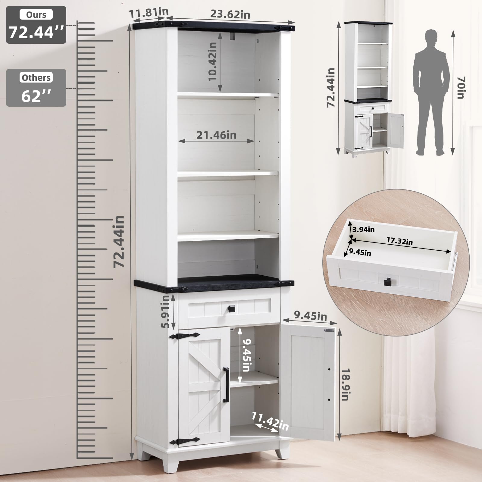 White bookcase cabinet with open shelves, hidden drawer space, and side door panels