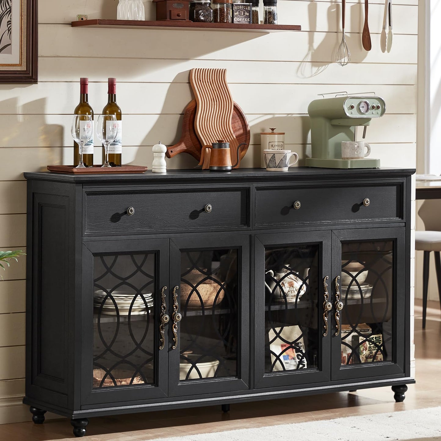 Black farmhouse sideboard buffet cabinet with glass-pane doors and drawer storage