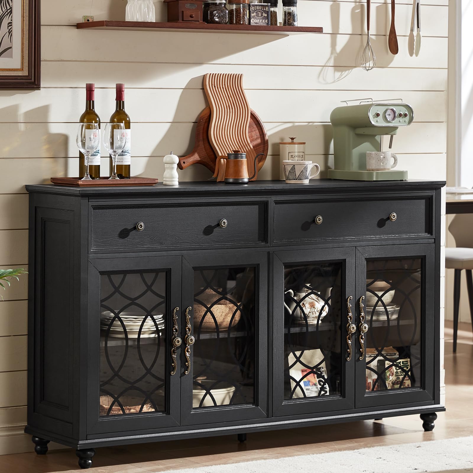 Dark blue sideboard buffet cabinet with four glass doors and two drawers