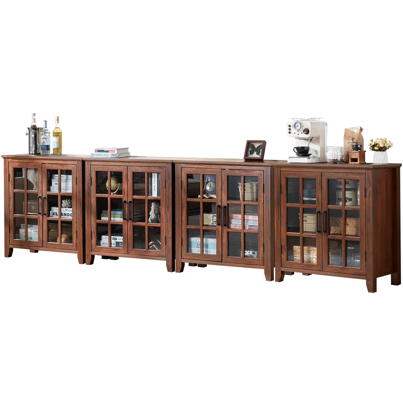 Brown sideboard cabinet with glass doors and carved rectangular door frames.