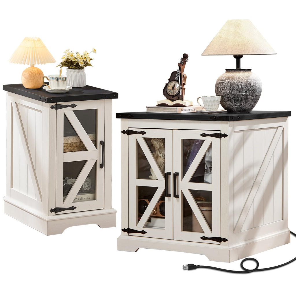 White end table set with cabinet doors and open shelves, flat top for lamp and decor