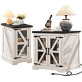 White end table set with cabinet doors and open shelves, flat top for lamp and decor
