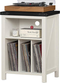 White record player stand with open top and vinyl records stored in front shelves