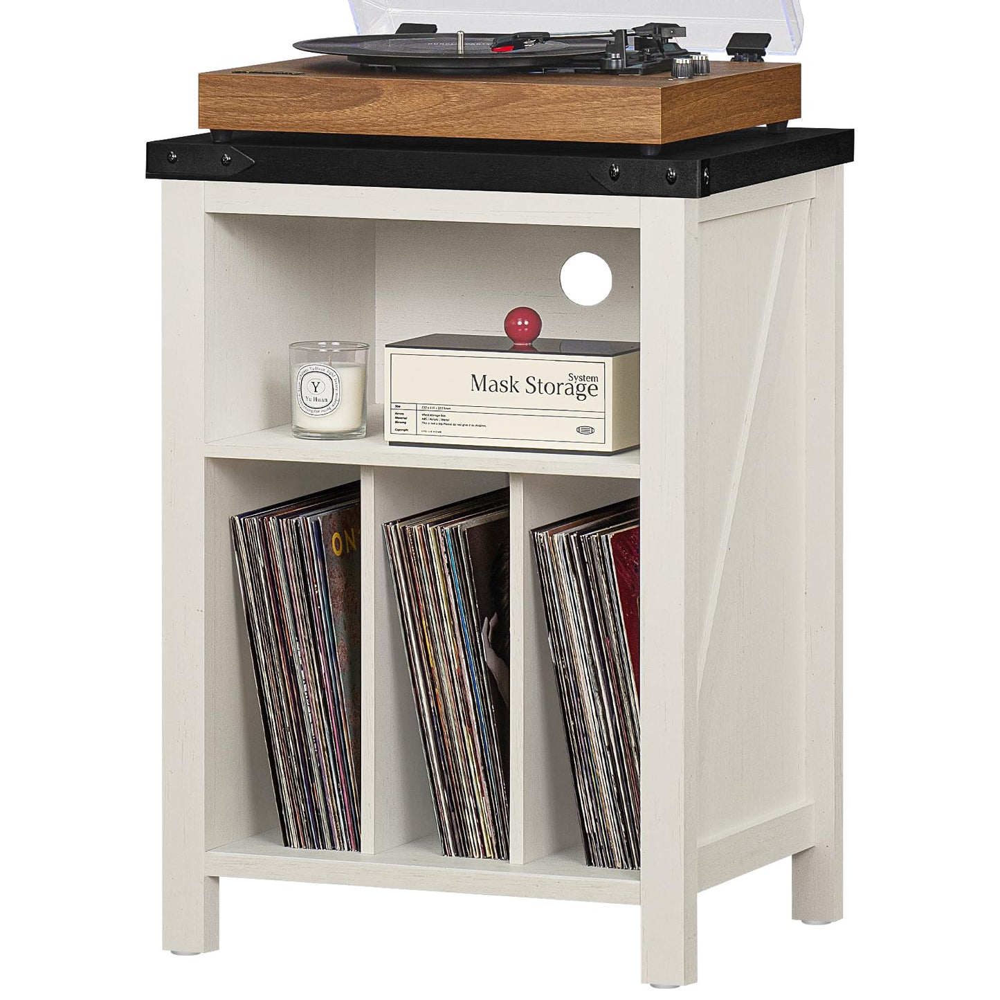 Record player stand with white cabinet, top turntable shelf, and vinyl record storage
