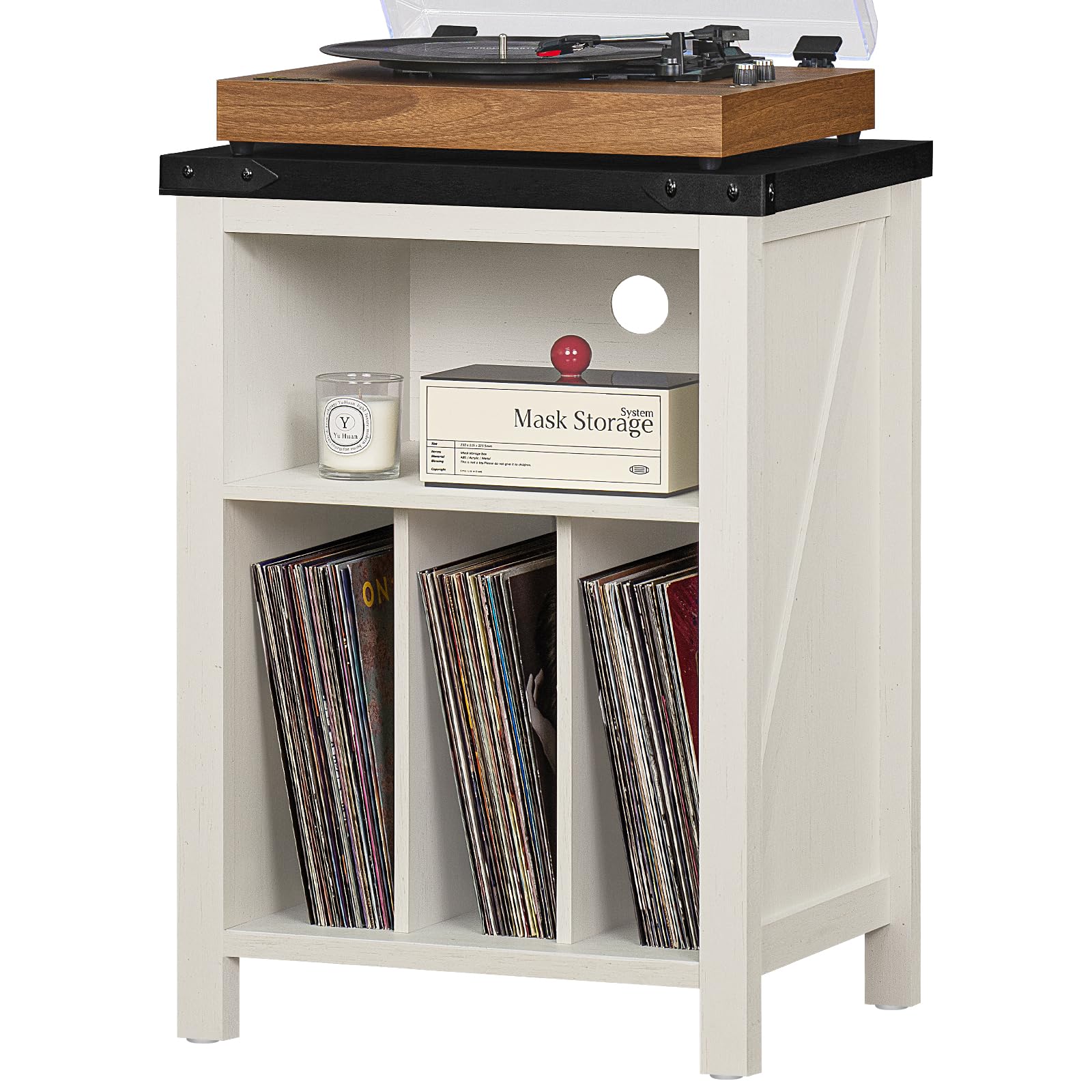 Record player stand with white cabinet, top turntable shelf, and vinyl record storage