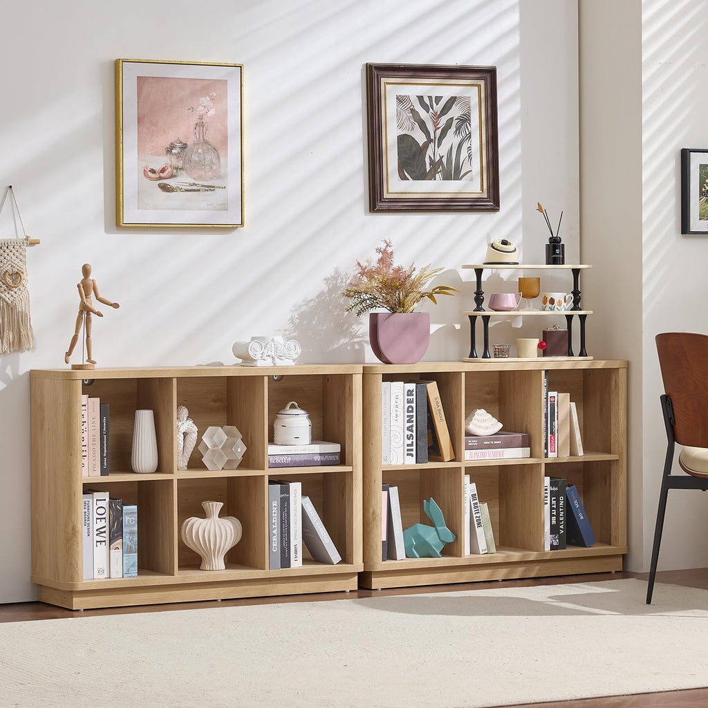 Light oak open cube bookcase with multiple cubbies for books, decor, and small items