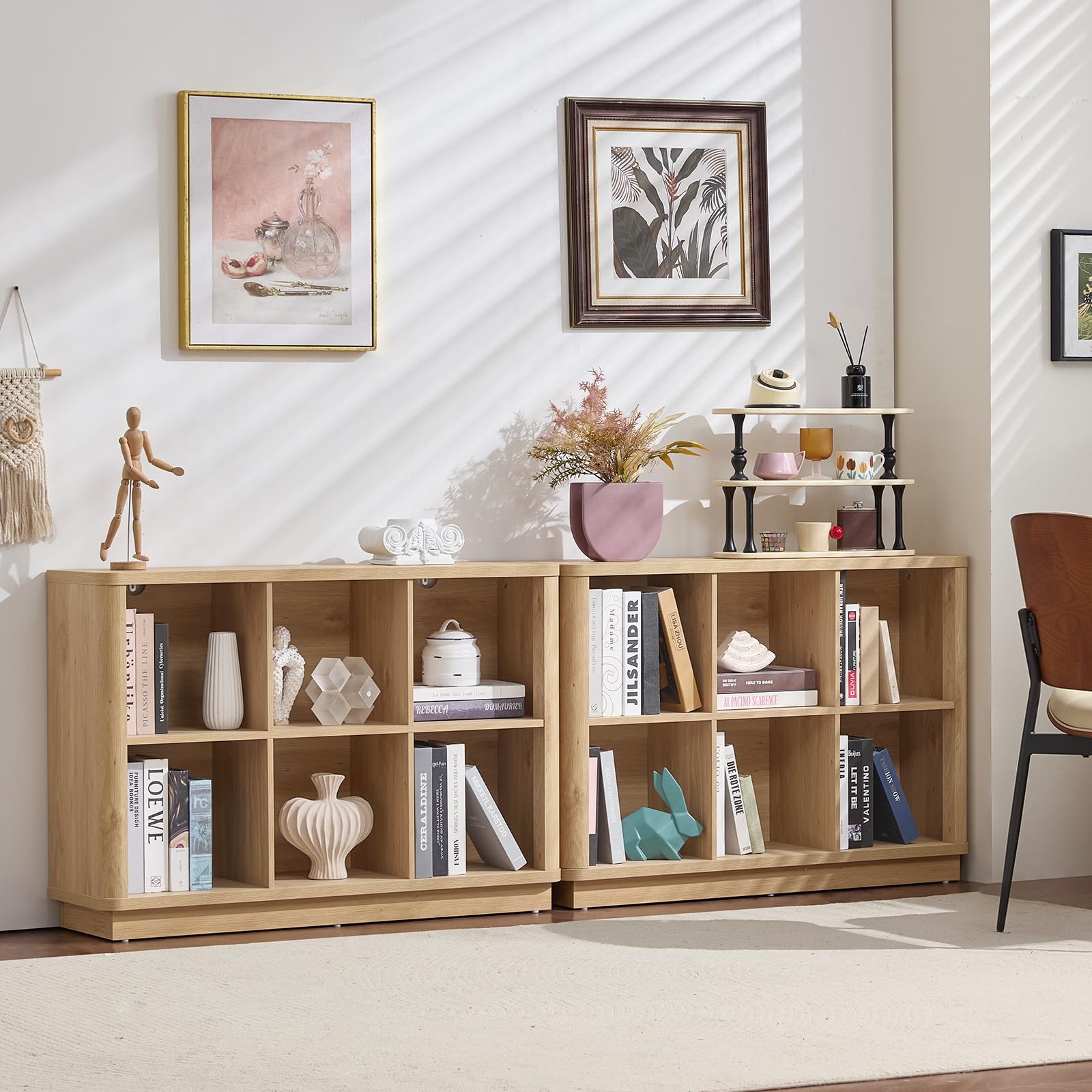 Light oak open cube bookcase with multiple cubbies for books, decor, and small items