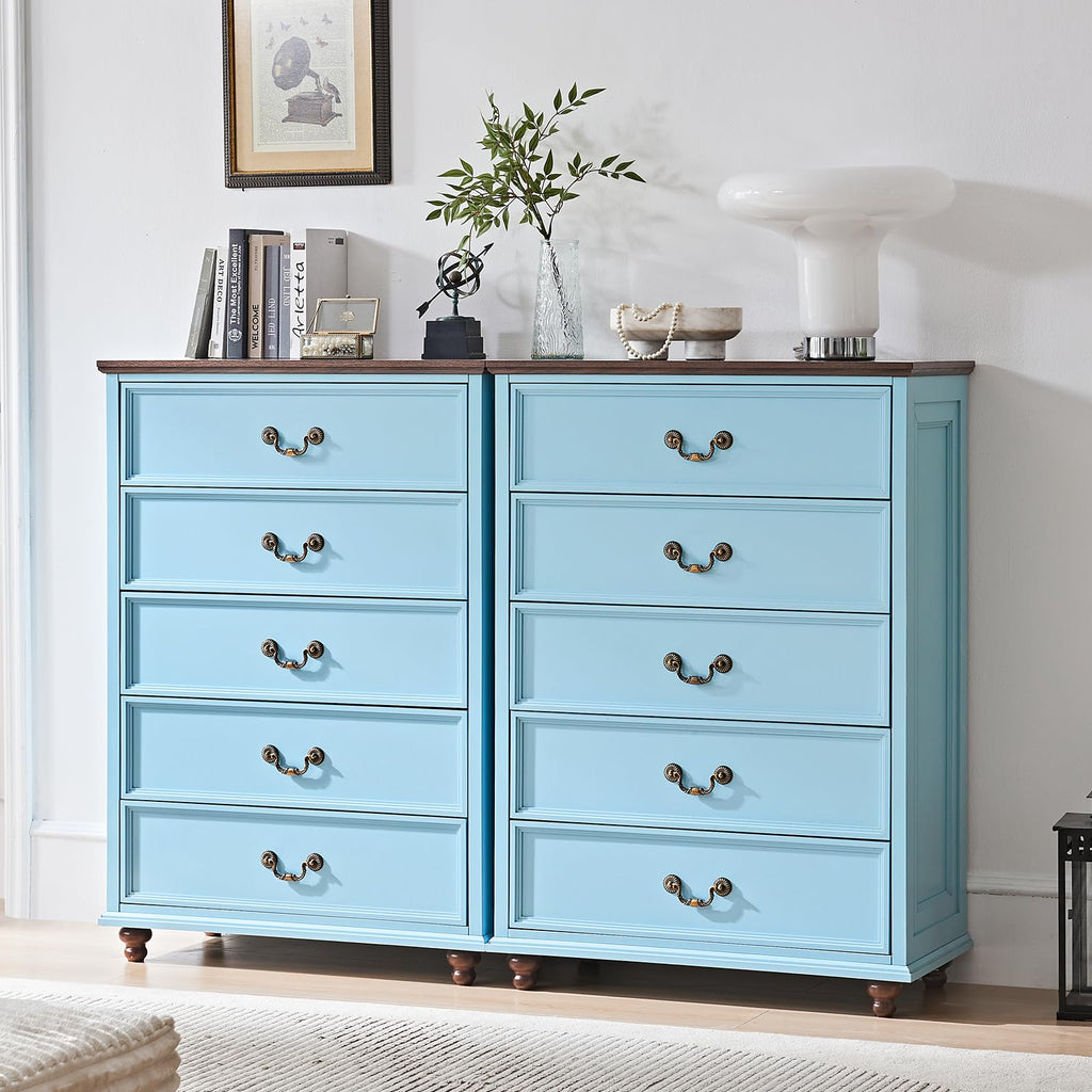 Light blue 5-drawer dresser with brass-tone knobs and tapered bun feet