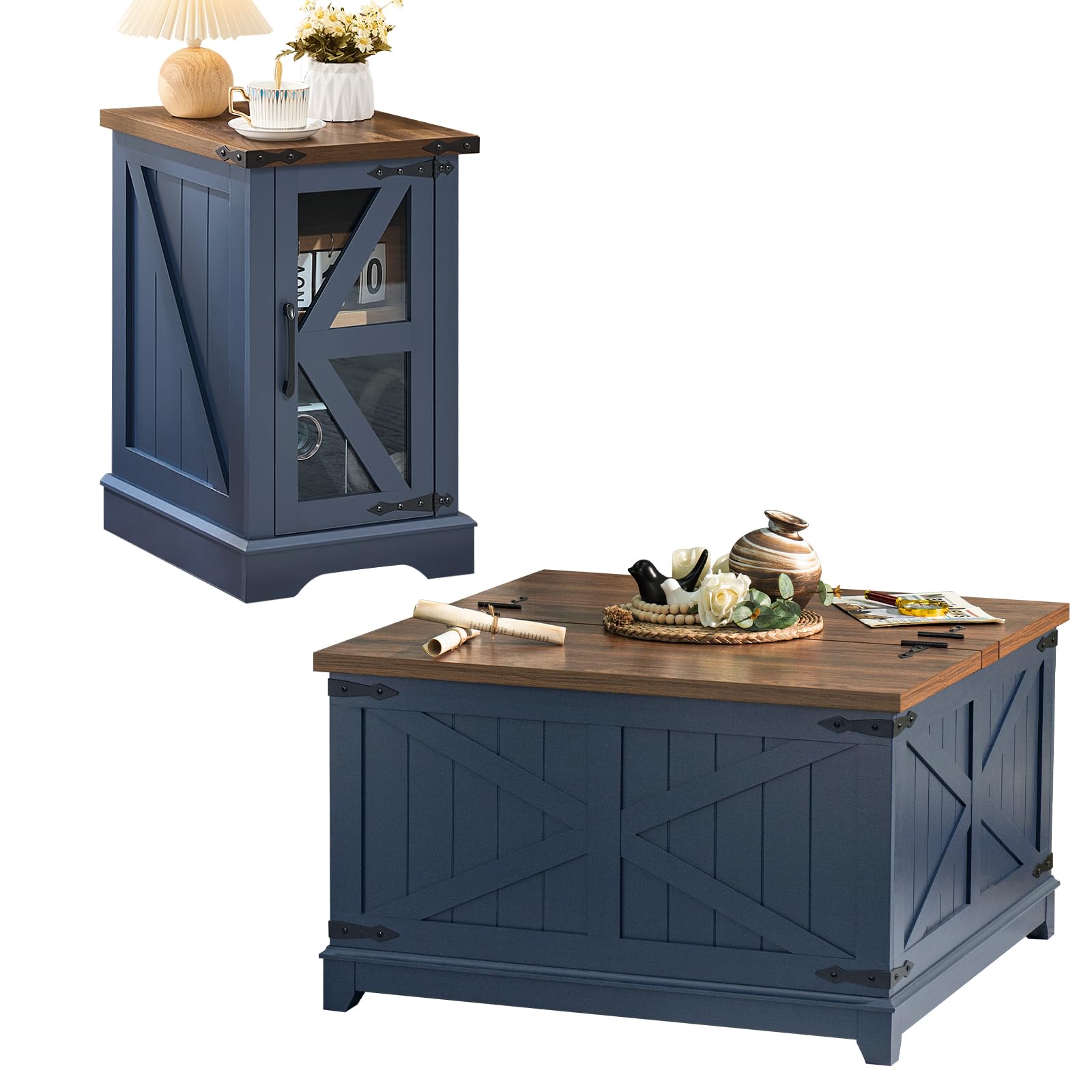 Farmhouse Coffee Table Sets 3 Pieces, Narrow Night Stand with Glass Barn Door Storage, Large Coffee Tables with Hidden Storage Organizer, Wood Furniture Sets for Living Room, Office, Blue