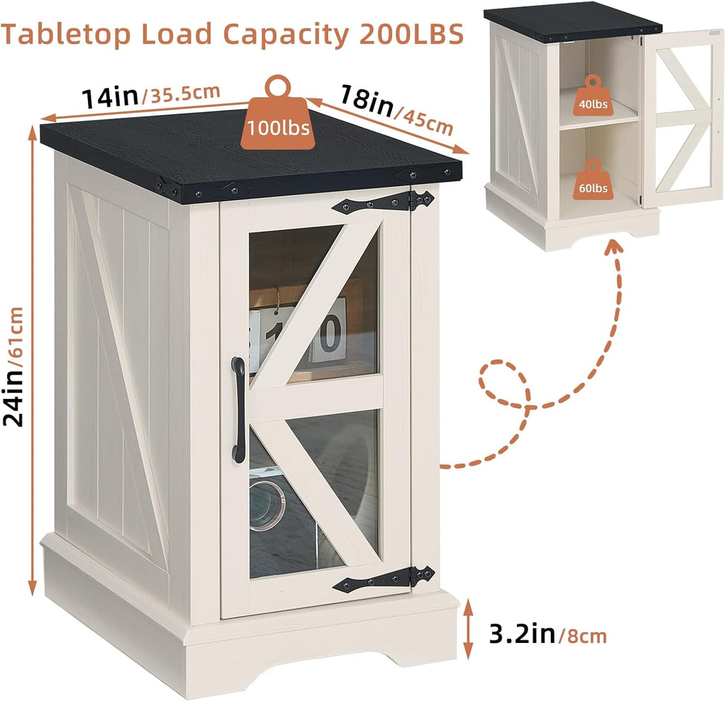 White nightstand cabinet with black tabletop and glass barn door, dimensions shown