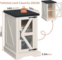 White nightstand cabinet with black tabletop and glass barn door, dimensions shown