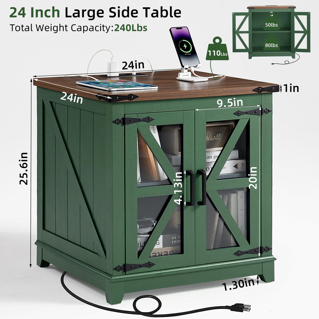Green farmhouse end table with open glass door, charging station and power outlets