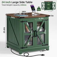 Green farmhouse end table with open glass door, charging station and power outlets