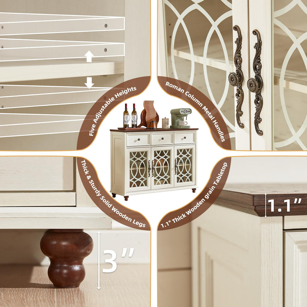 White sideboard buffet with adjustable shelves and decorative glass-door panels