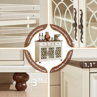 White sideboard cabinet with lattice glass doors and wooden legs, adjustable heights