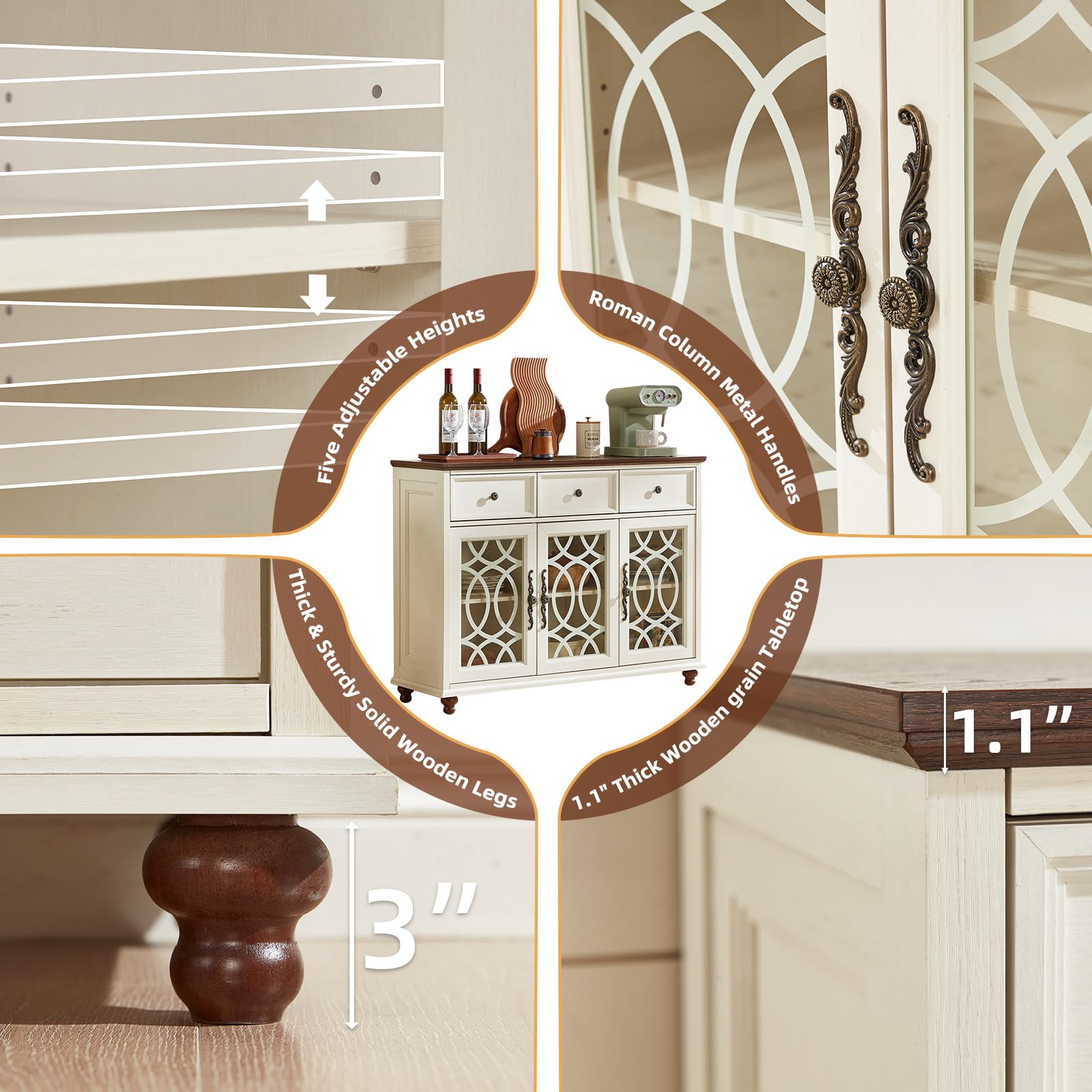White sideboard buffet with adjustable shelves and decorative glass-door panels