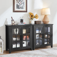 Black sideboard buffet cabinet with glass-panel doors and countertop storage
