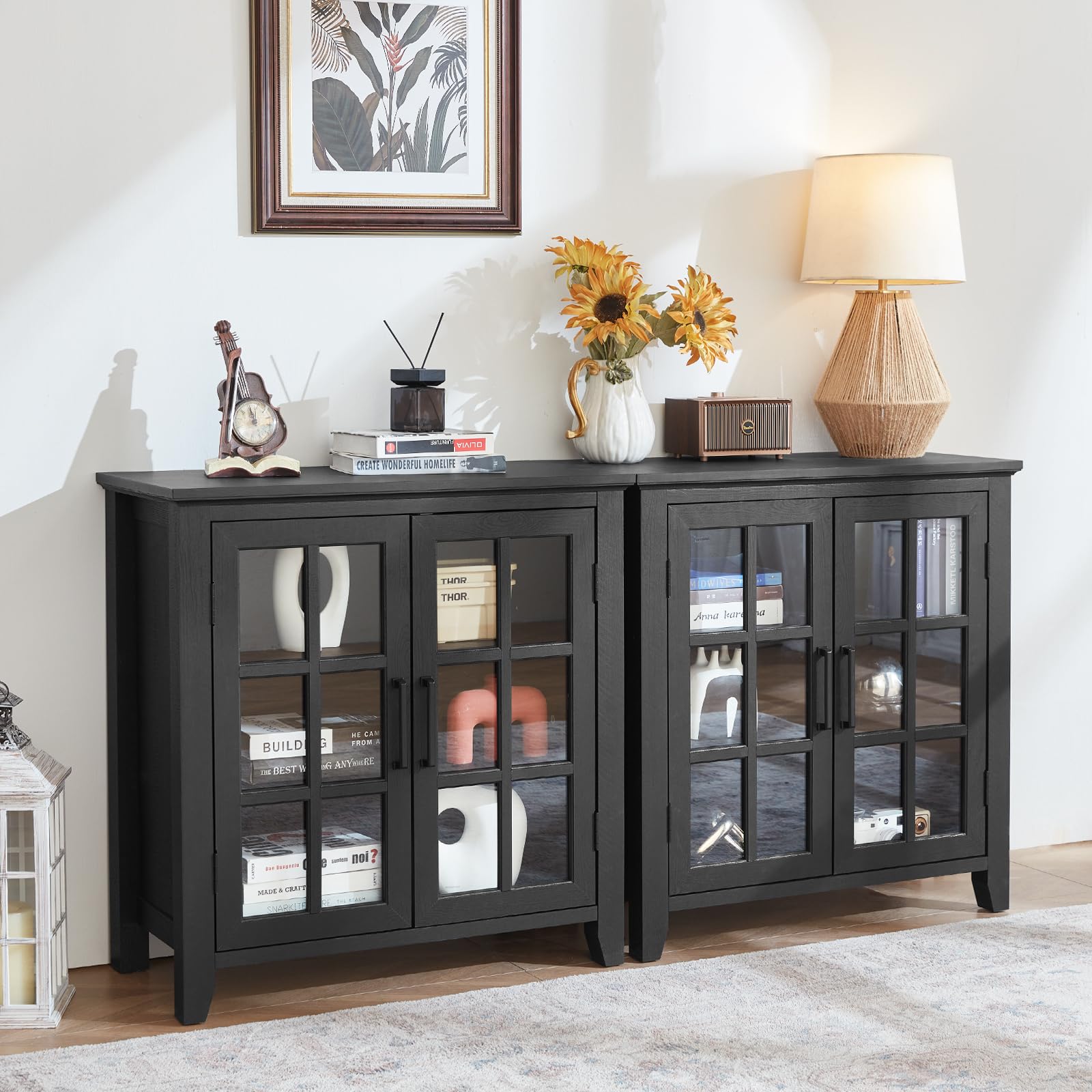 Black sideboard buffet cabinet with glass doors and built-in storage shelves