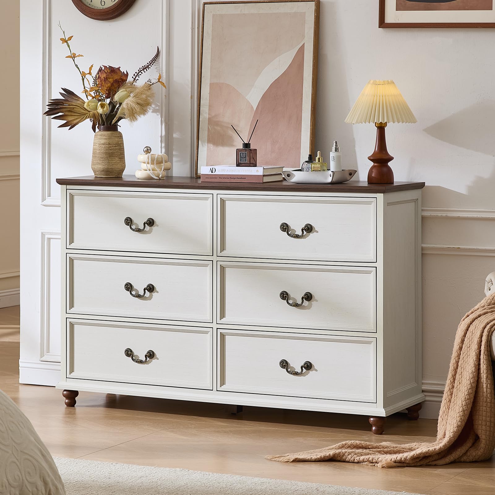 Farmhouse dresser with 6 drawers and curved metal pulls, white finish