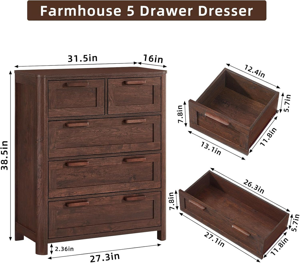 Walnut 5-drawer dresser showing front and side views with deep open drawer box