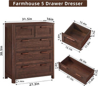 Walnut 5-drawer dresser showing front and side views with deep open drawer box