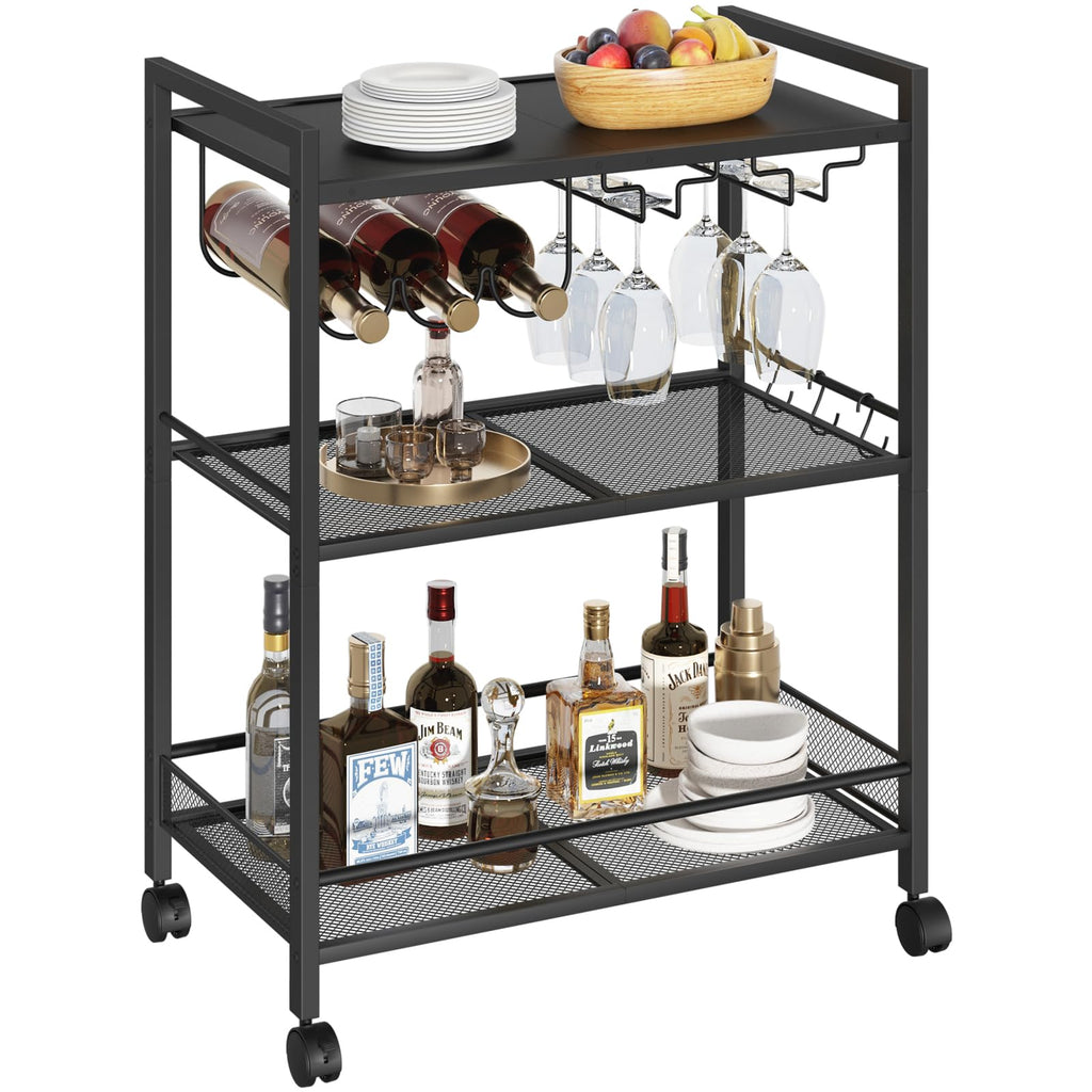 Black bar cart with wine bottle rack, glass holders, and dishes on three shelves