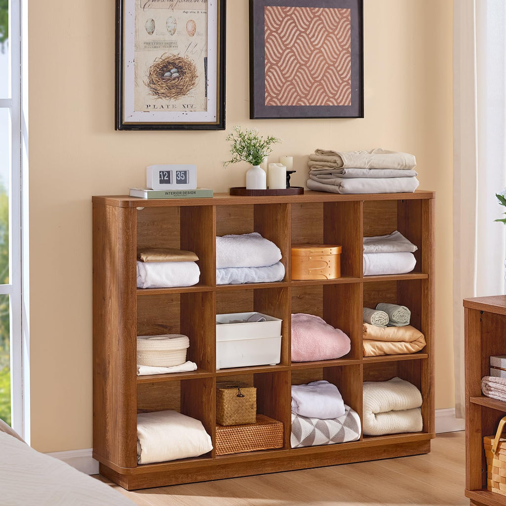 Brown oak 8-cube book shelf console with open compartments and curved outer edges