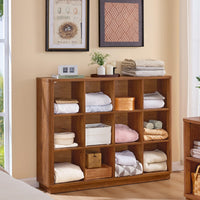 Brown oak 8-cube book shelf console with open compartments and curved outer edges