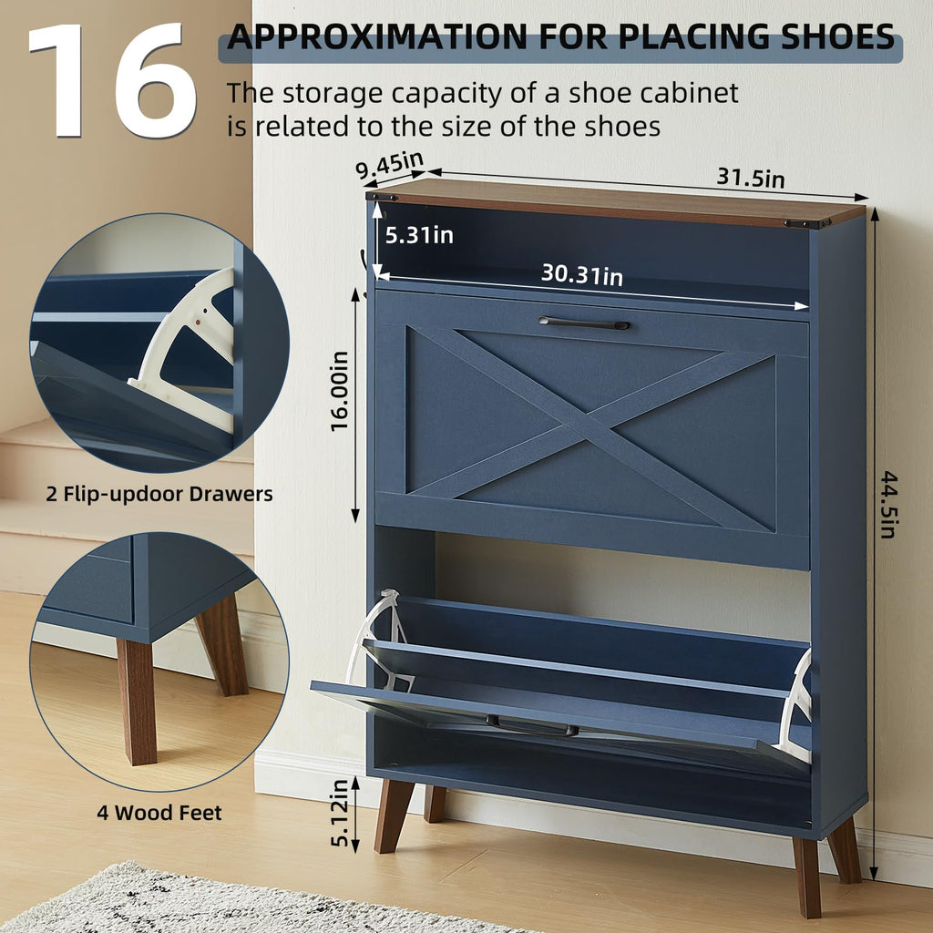 Navy shoe storage cabinet with flip-up drawers and wood feet on stand