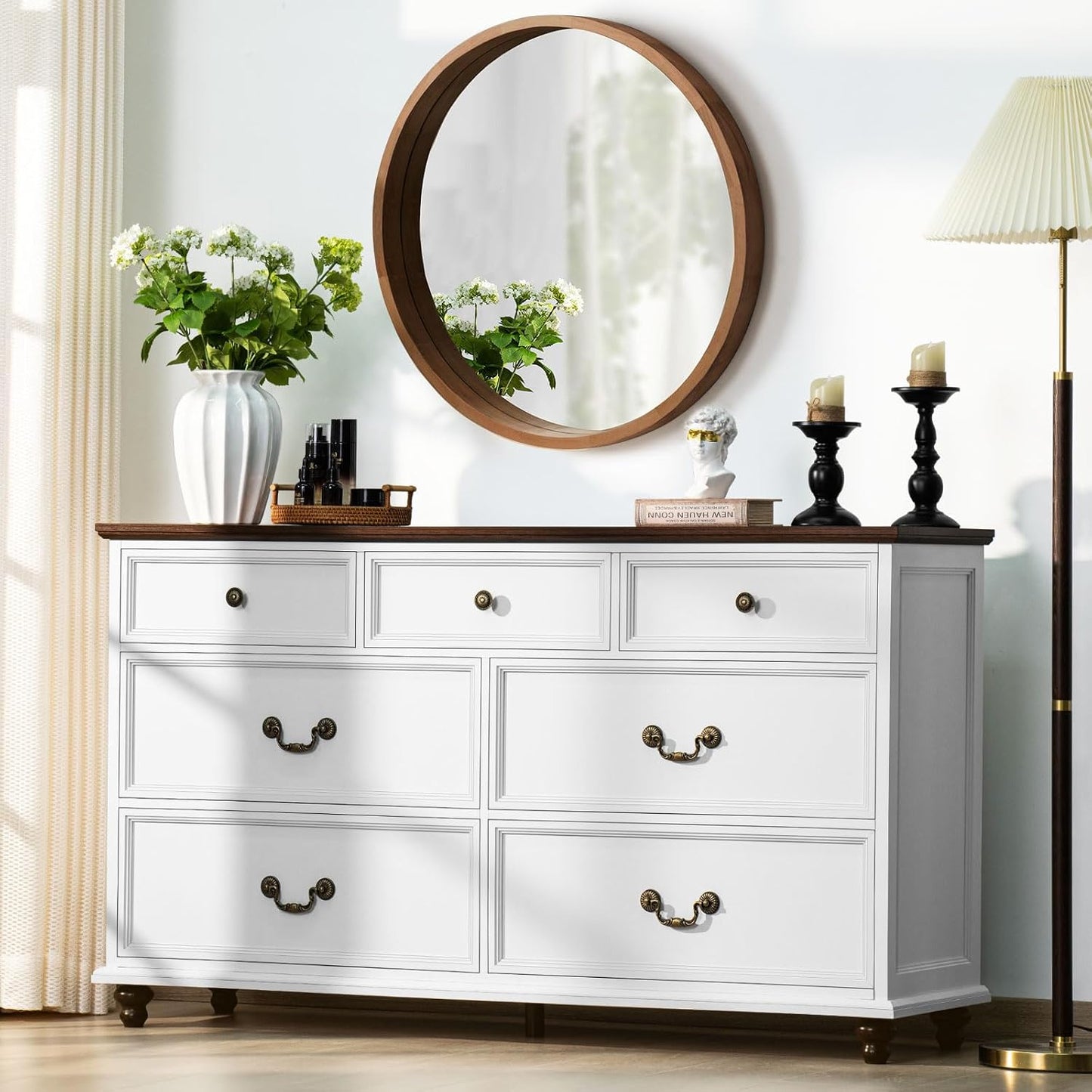 Joaxswe Farmhouse Dresser and Nightstand Sets 3 Piece, Nightstands Set of 2 and 7 Drawers Dresser for Bedroom, 54" Wide and 24" Inch Night Stand Set for Bedroom, Living Room, Hallway