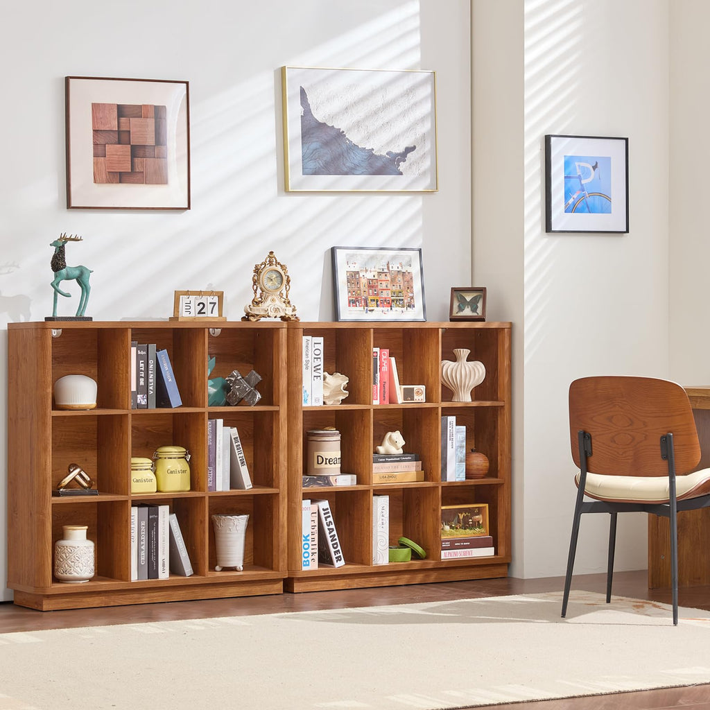 Natural oak horizontal cube storage bookcase with open cubbies for books