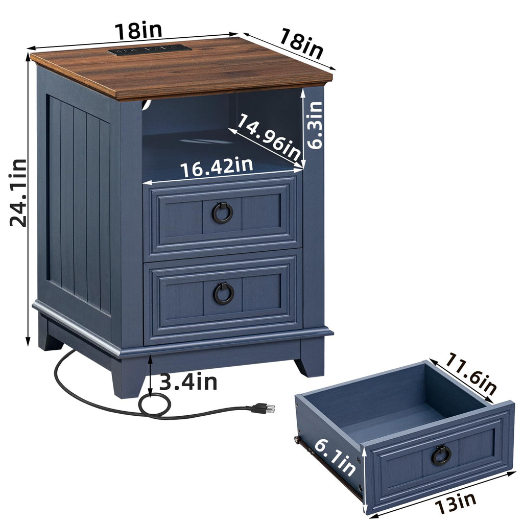 Blue farmhouse coffee table storage cabinet with two drawers and flip-top opening