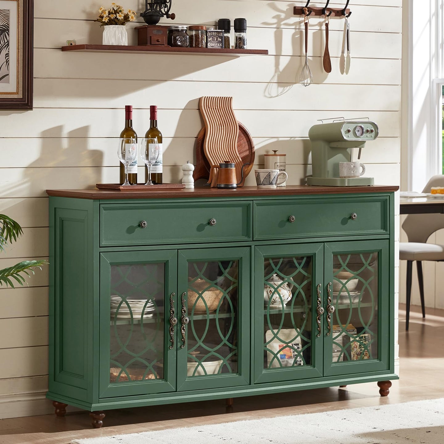 Farmhouse sideboard cabinet in green with drawers and three glass-front cabinet doors