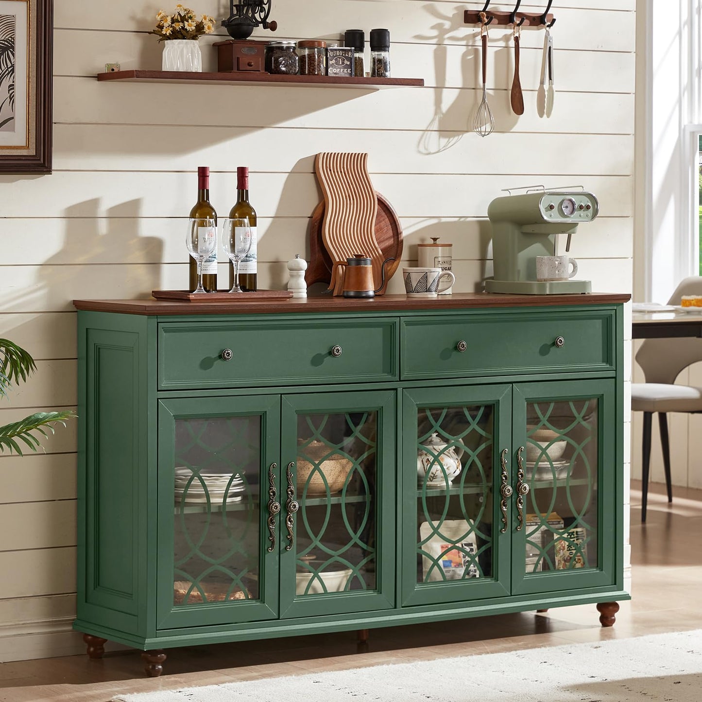 Farmhouse sideboard cabinet in green with drawers and three glass-front cabinet doors