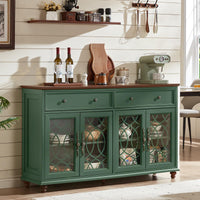 Farmhouse sideboard cabinet in green with drawers and three glass-front cabinet doors