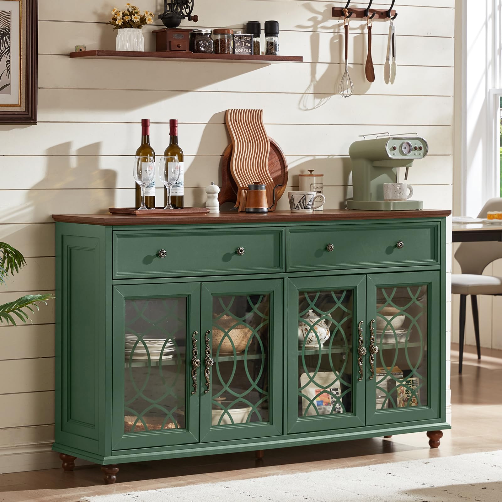 Farmhouse sideboard cabinet with 4 glass doors and 2 drawers, green finish, wood bun feet