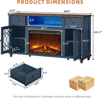 Blue electric fireplace TV stand with dimensions diagram and glass doors