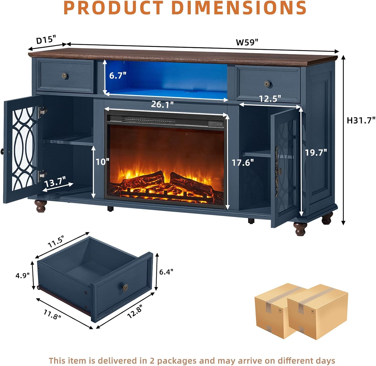 Blue electric fireplace TV stand with dimensions diagram and glass doors