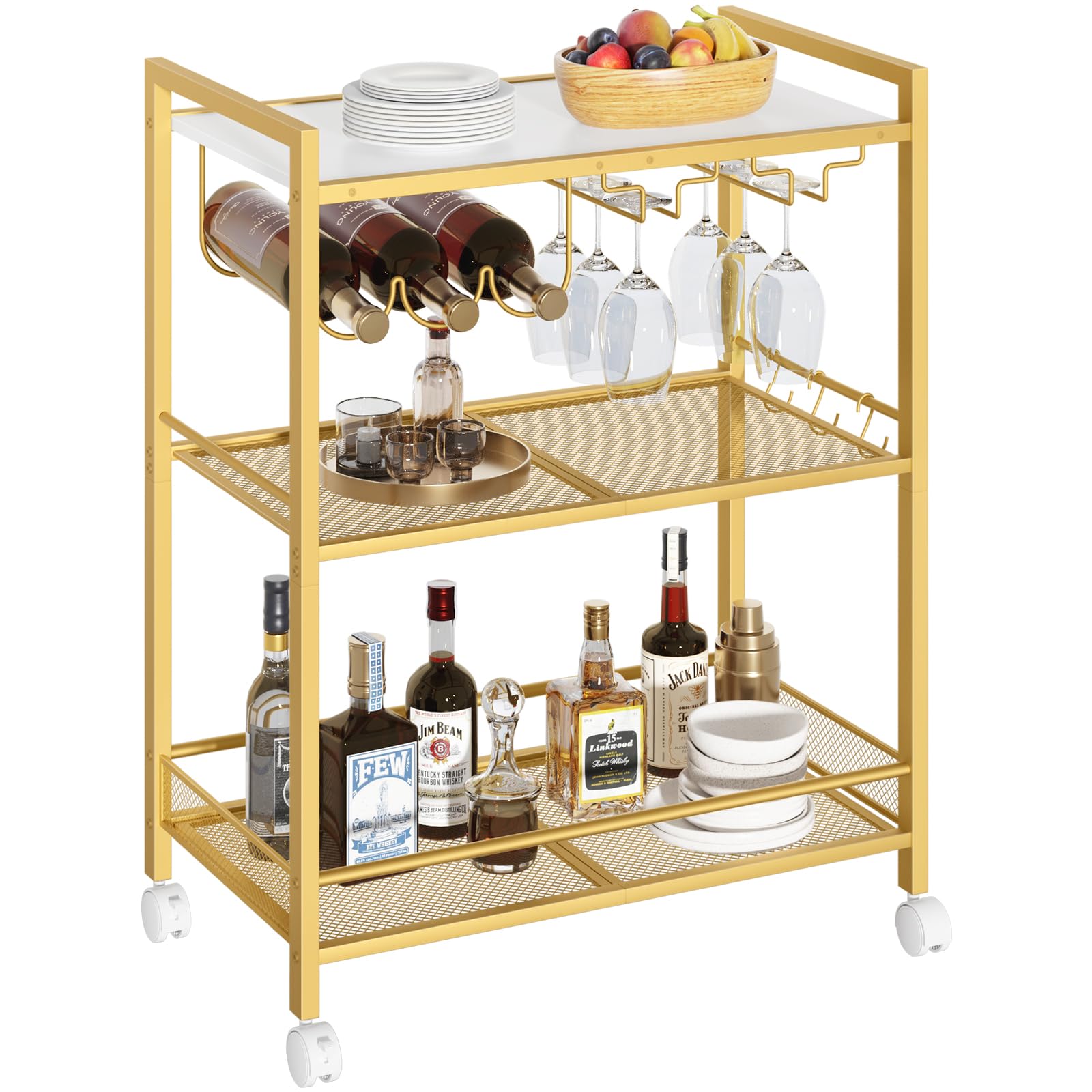Gold bar cart front view with wine bottle rack, glass hangers, and 3-tier storage shelves