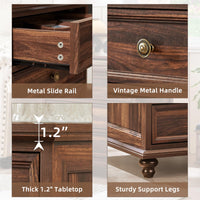 Brown nightstand hardware details: metal slide rail, vintage handle, thick wood top