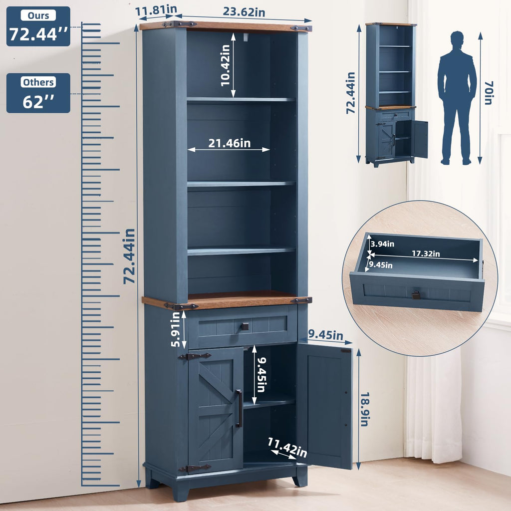 Blue bookcase cabinet with adjustable shelves, drawer, and double-door front