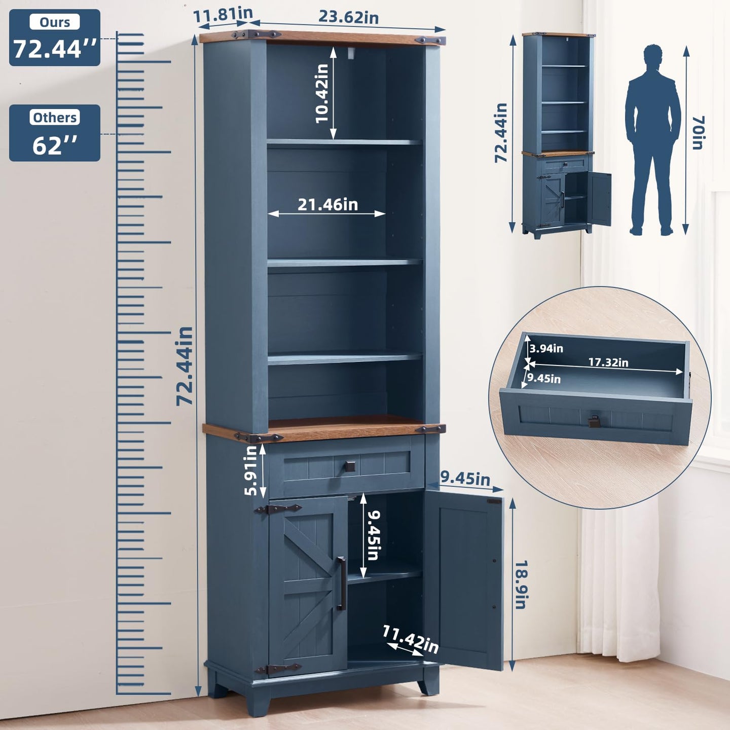 Tall bookcase cabinet with two lower doors and central drawer; with size measurements