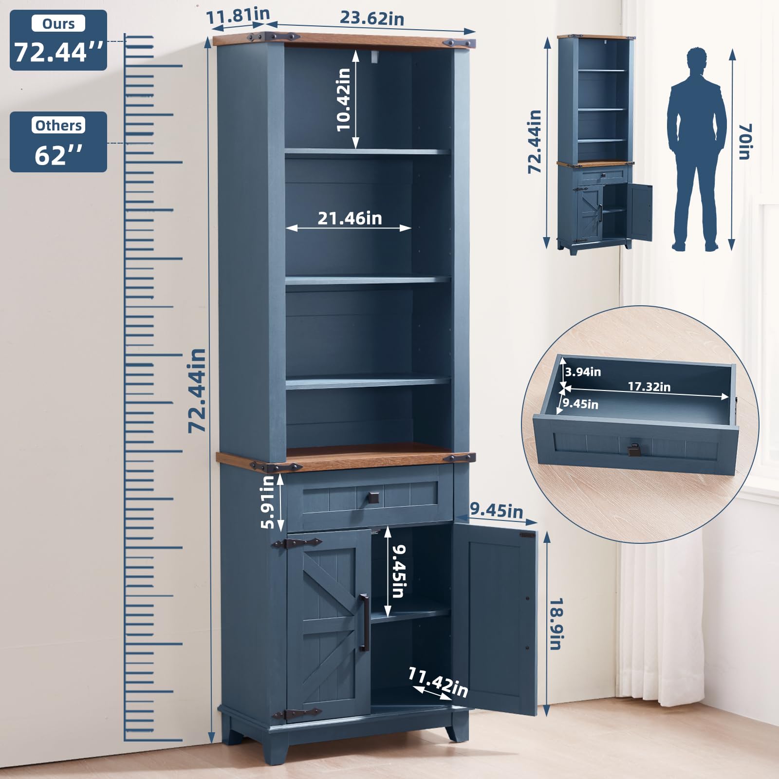 Blue bookcase cabinet with adjustable shelves, drawer, and double-door front